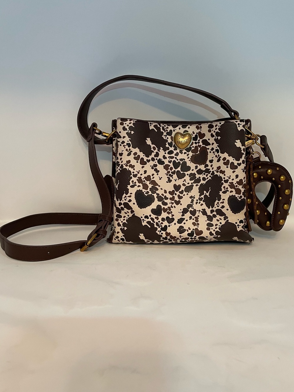 Betsey Johnson Western Brown and Cream Heart Print Crossbody Bag